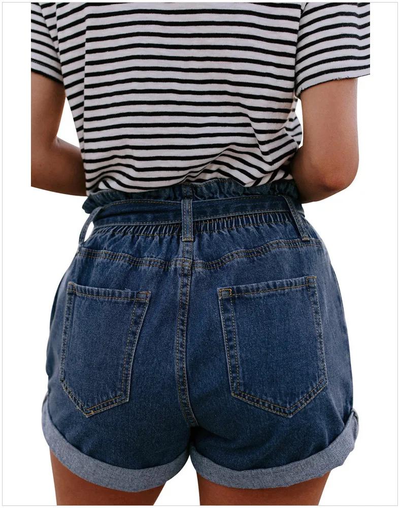Shi ying European Version of Versatile Denim Shorts Women's Summer New Blue Color Paper Bag Waist Lace-up Straight-leg Pant