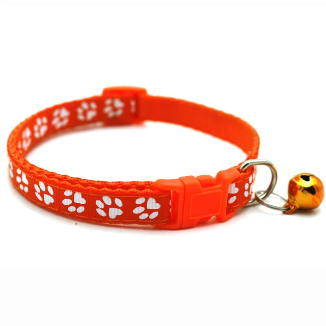 The New Pet Collar, Adjustable Colored Collar with Bell for Positioning and Cat Paw Dog Print Traction Accessories Orange