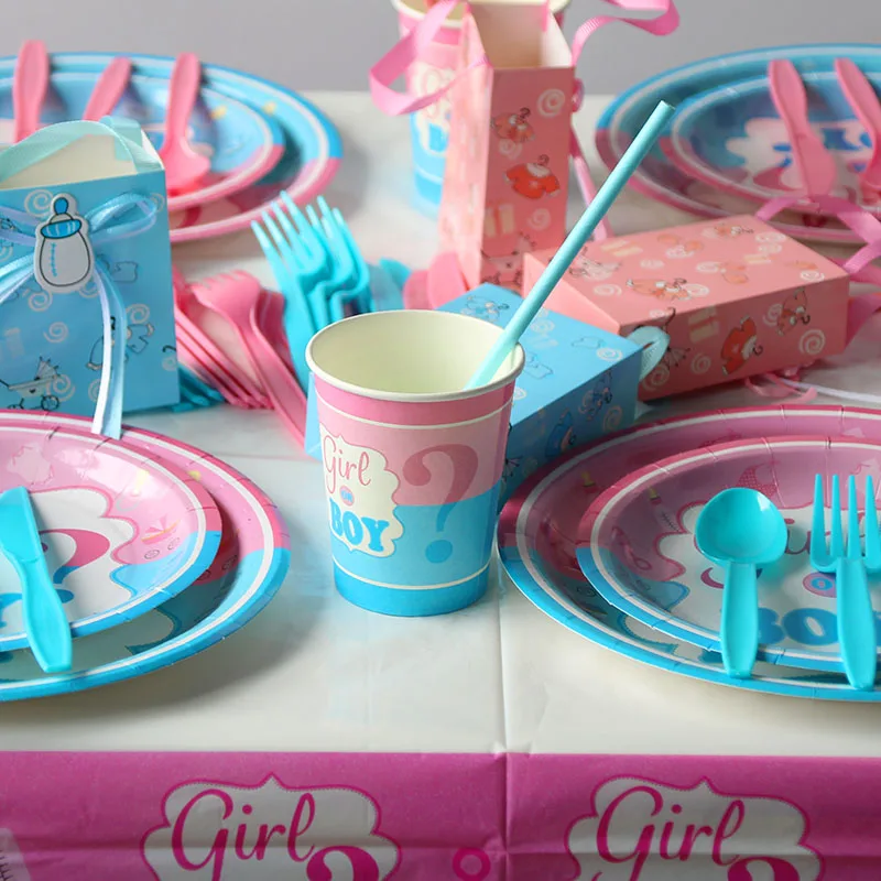 65 шт Babyshower одноразовая посуда его мальчик или девочка бумажные тарелки и стаканы день рождения ребенка пол раскрывает детский душ Вечерние