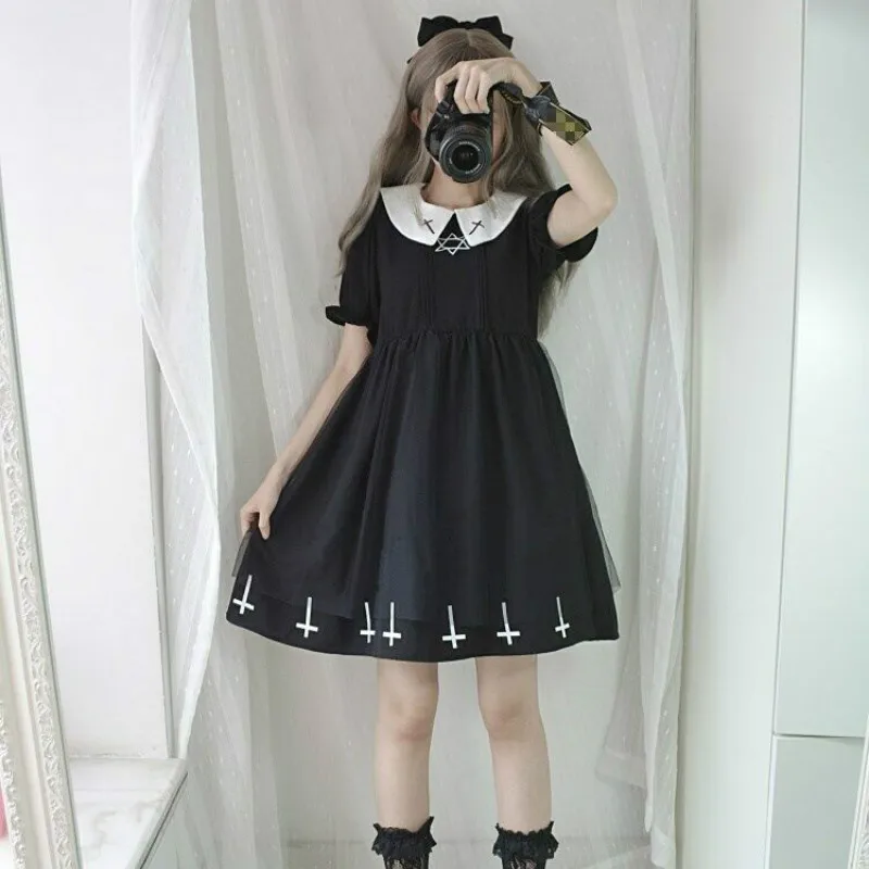 

Kawaii Japanese Gothic Lolita Dress Punk Crosses Black Sweet Harajuku Sister Style Star Tulle Dress Cute Girl Streetwear