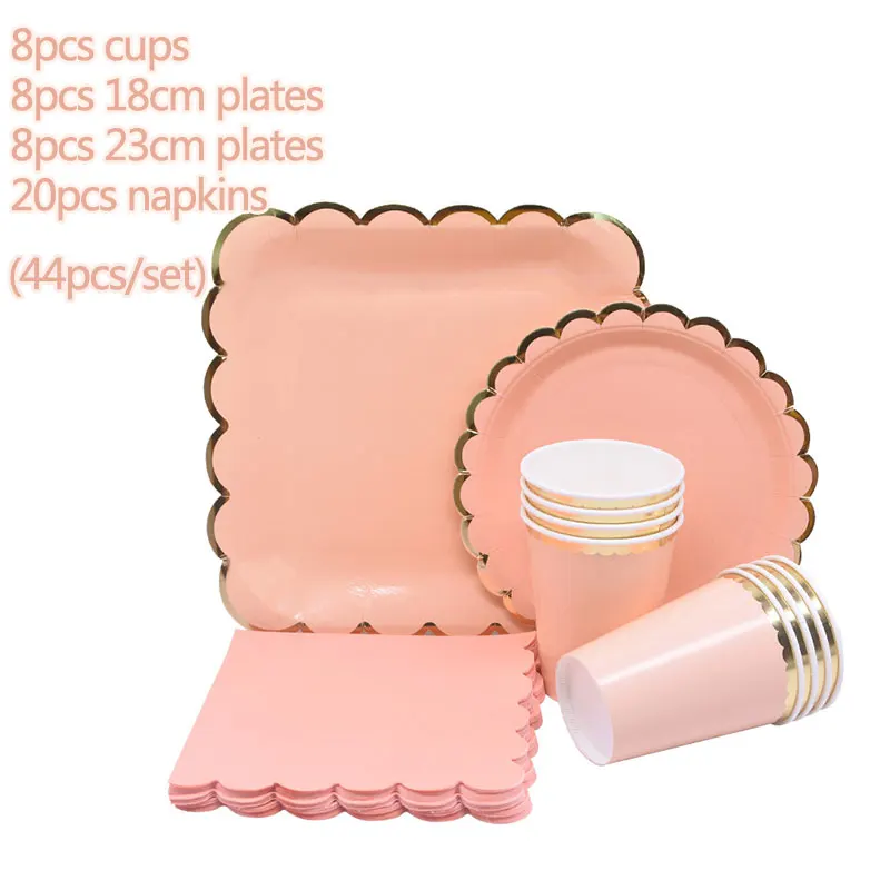 44Pcs/set Gold Star Orange Pink Cups Plates Napkins Disposable Party Tableware For Baby Shower Wedding Birthday Party Decoration - Цвет: 44pcs pink tableware