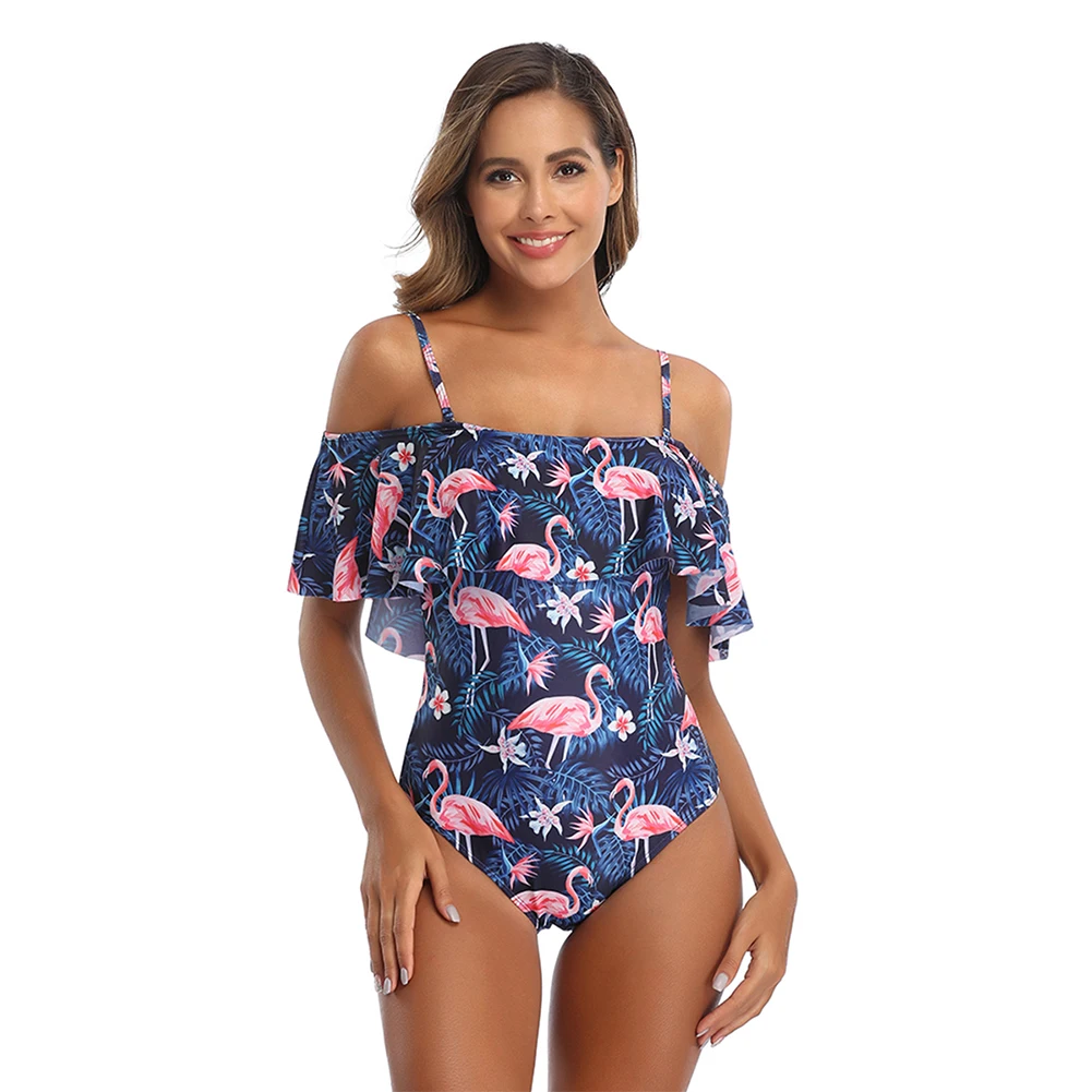 

2020 New Sexy Off The Shoulder Solid Swimwear Women One Piece Swimsuit Female Bathing Suit Ruffle Swim Wear XL Sexy Bodysuit