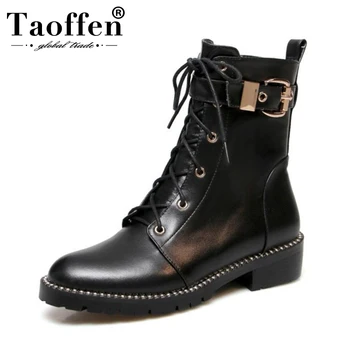 

TAOFFEN Women Ankle Boots Genuine Leather Flats Shoes For Women Brand New Winter Lace Up Buckle Crystal Goth Boots Size 33-43