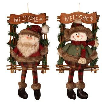 

Christmas Rectangle Wreath Wooden Garland With Santa Claus/Snowman Doll And Welcome Sign Hanging Pendant Holiday For Door Wall