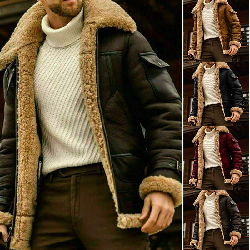Men's Winter PU Jackets Thick Fleece Lined Bomber Flying Short Coats Zipper Closure for Outdoor Motor
