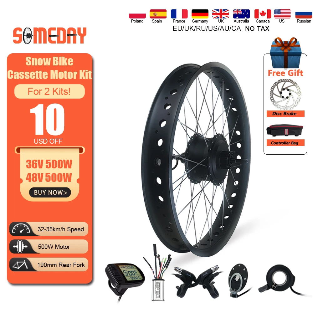 SOMEDAY 36V/48V 500W Snow Bike Electric Bicycle Conversion Kit 20 26 Inch Wheel Rear Cassette Hub Motor for Fat Tire Bike