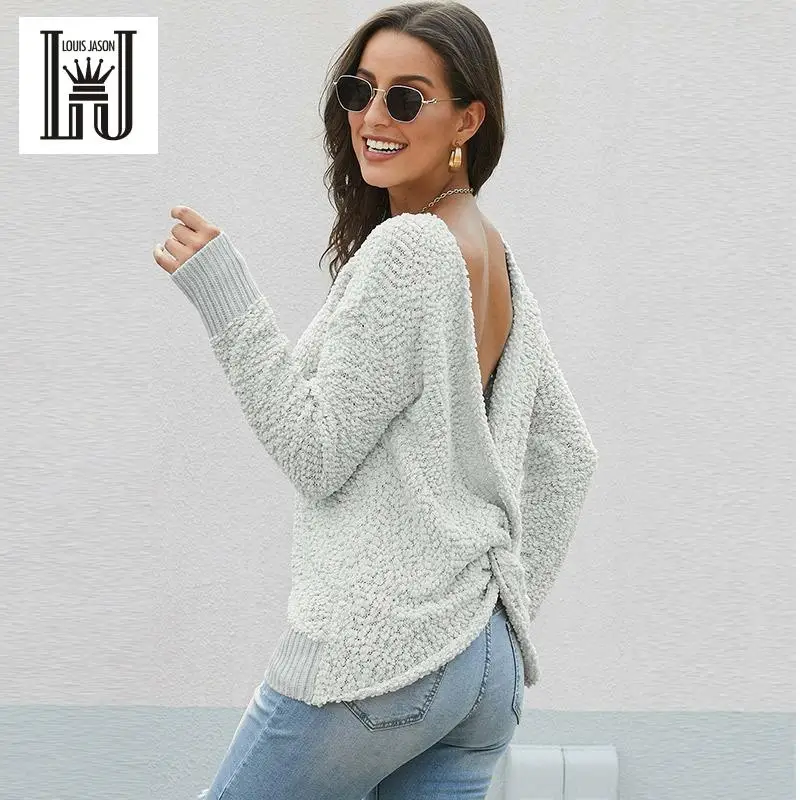 LOUIS JASON Sweater Dress Women Wool Round Neck Knitted Long Sleeve Sexy Off Shoulder Loose Plush Women's New Top | Женская одежда