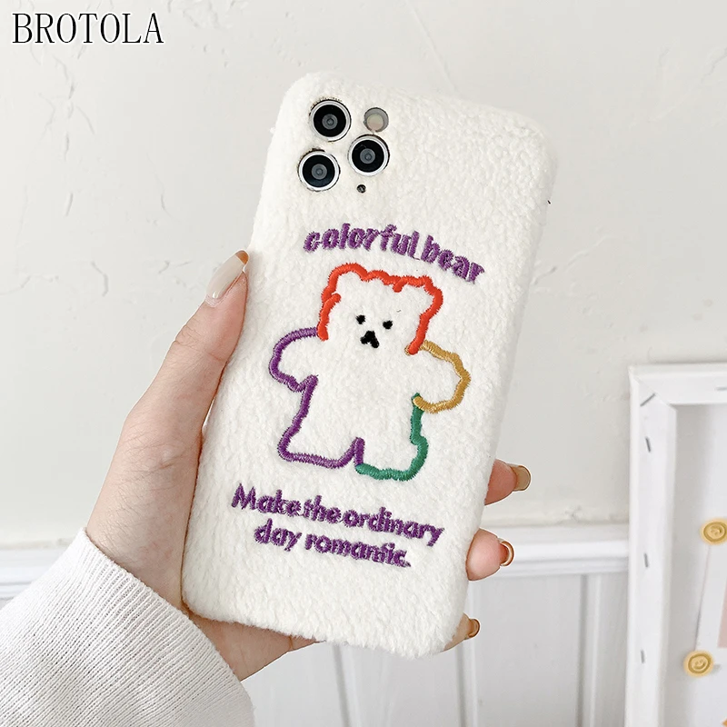 

Colorful Line Embroidery Bear Fluffy Phone Case For iPhone Apple 12 Mini 11 Pro X XR XS Max 7 8 Plus Warm White Lamb Plush Cover
