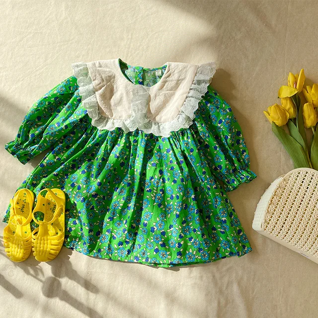 2022 Spring New Girls Long Sleeve Floral Princess Dress Cotton Toddler Kids Fashion For Party Children Dresses With Lace Collar