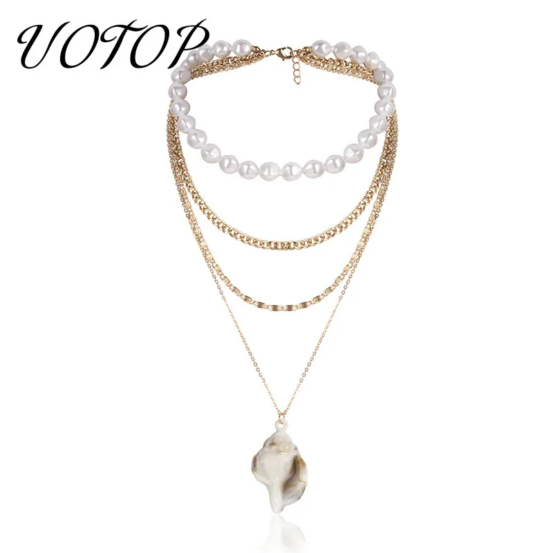 

UOTOP 2019 New Boho Style Layered Conch Sea Shell Pendant Necklace Kolye Vsco Simulated Pearl Choker Necklaces Collares Mujer