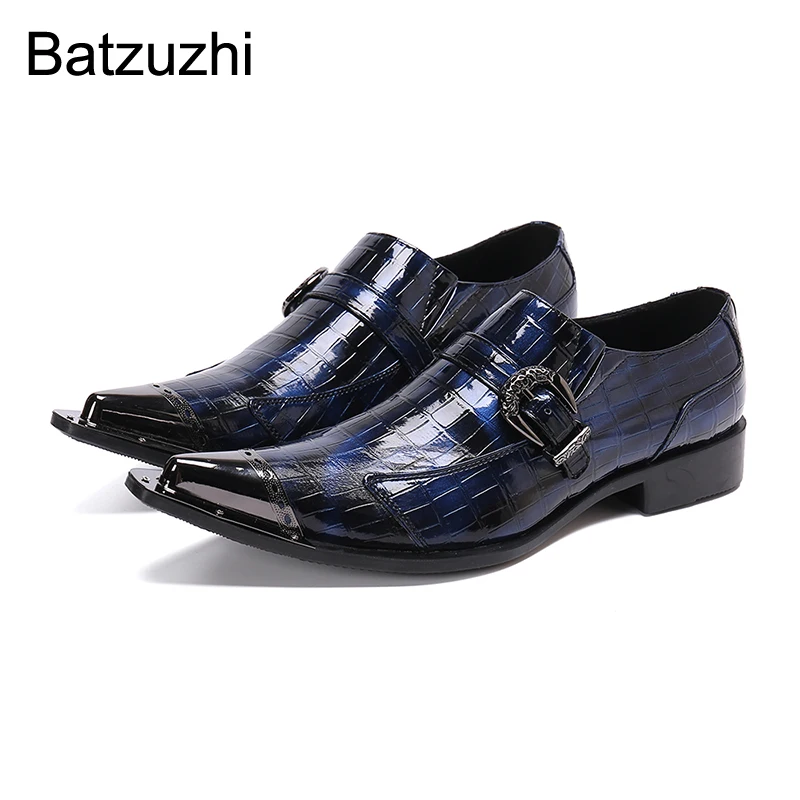 

Batzuzhi Handsome Men's Shoes Luxury Handmade Leather Dress Shoes Men Pointed Metal Toe Blue Business and Party Zapatos Hombre