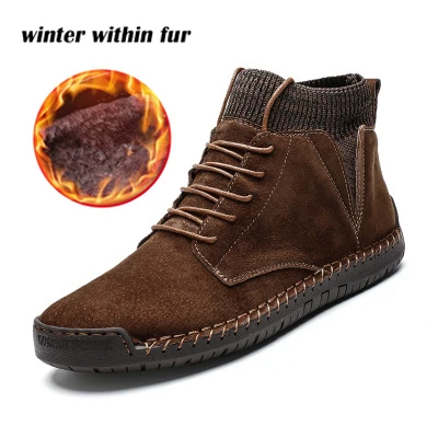Мужские зимние ботинки размера плюс; замшевые кожаные ботинки; мужские зимние ботинки; Водонепроницаемая зимняя обувь; кожаные мужские Ботильоны; мужская обувь на меху - Цвет: brown within fur