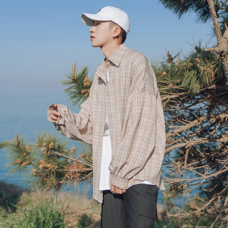Men's long-sleeved shirt autumn and winter new casual loose plaid shirt youth personality fashion trend men's clothing