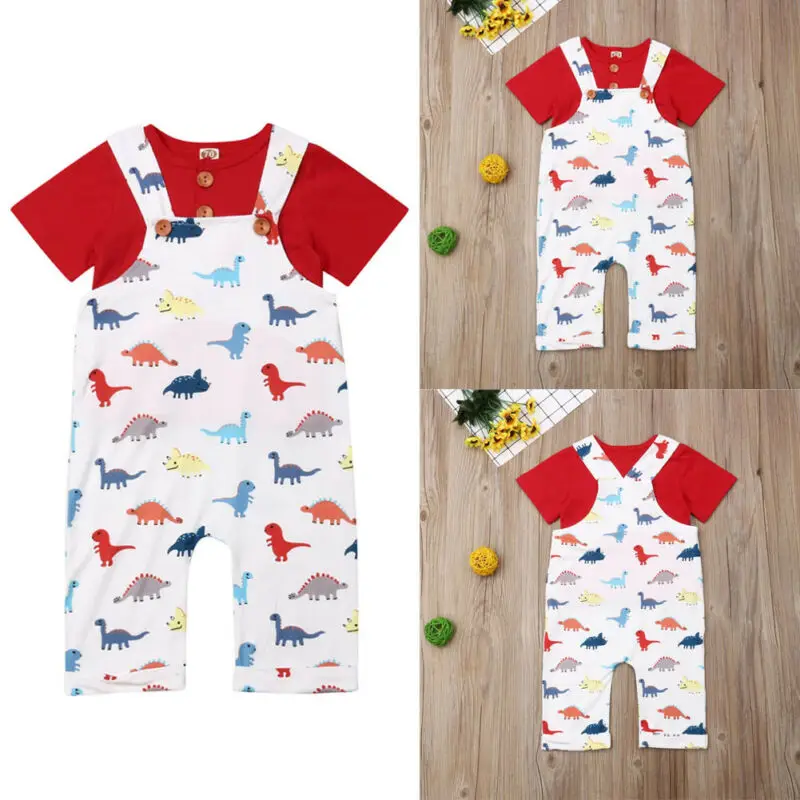 

Pudcoco Brand 2pcs Outfit Set Dinosaur Print Overalls Pants Red Short-Sleeve Toddler Newborn Baby-Boy Summer Red Top 0-4T