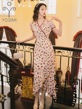 

YOSIMI Maxi Print Long Dress Women 2020 Summer Sashes V-Neck Short Sleeve Ankle-length Fit and Flare Woman Party Night Dresses