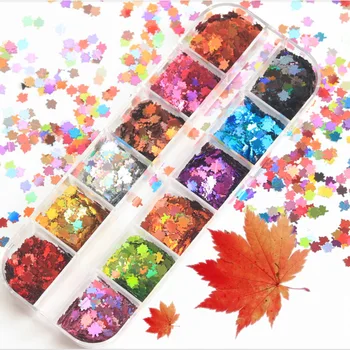 

12 Grid Maple Leaf Nail Glitter Nail Art Sequins Holographic Paillette Gradient Autumn UV Gel Polish Manicure tools Decorations