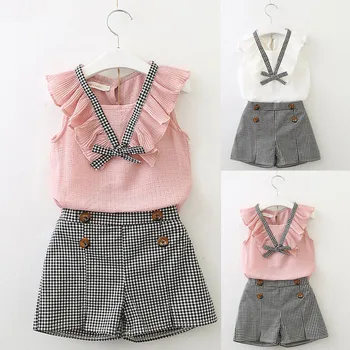 

Toddler Kids Baby Girls Outfits Clothes Bowknot Vest Tops+plaid Shorts Pants Set 2020 New Spring Summer Cute Baby Girl Clothes