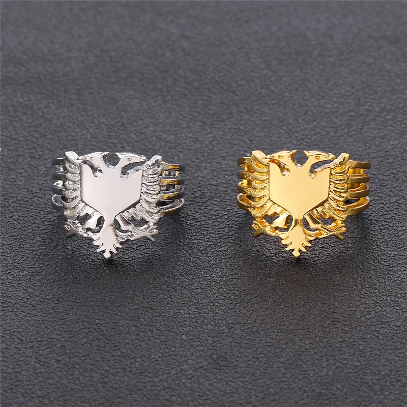 Albania Europeia águia Anel de Ouro Cor Prata Duplo Headed águia Dedo Anel Jóias Ornamento étnico Festa Aniversário Jóias 5