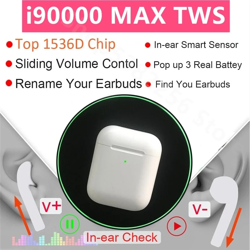 Новинка i90000 Max TWS Arie 2 Наушники-вкладыши сенсор беспроводные наушники 8D супер бас Bluetooth 5,0 наушники i30000 tws pk h1 чип i5000 i9000 iphone headphones muziek oortjes draadloze bluetooth oortelefoon