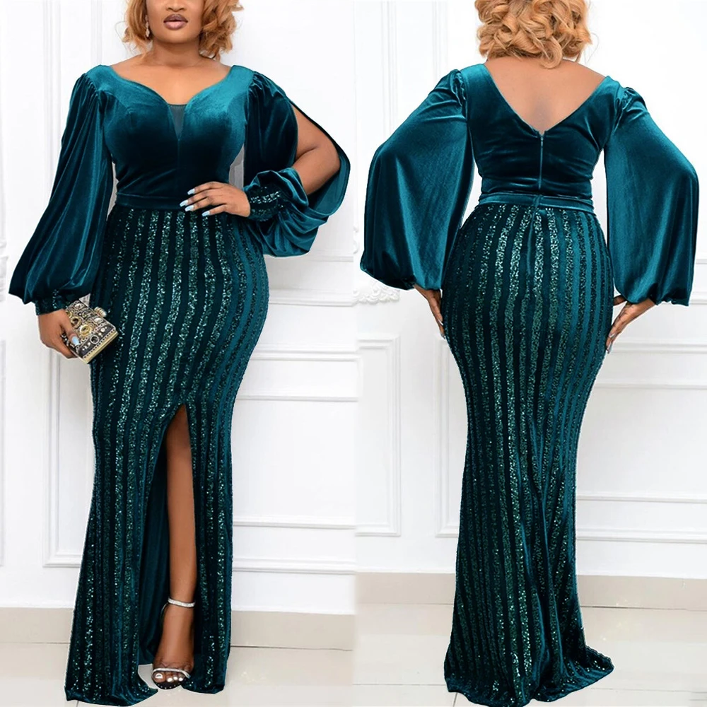Длинное вечерние нее платье с блестками Африканское бархатное сексуальное