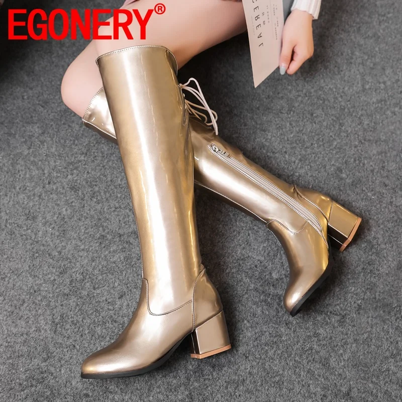 

EGONERY brand knee high boots fashion woman winter Wide leg boots golf silver 6cm high heels women's shoes 32-45 plus size boots