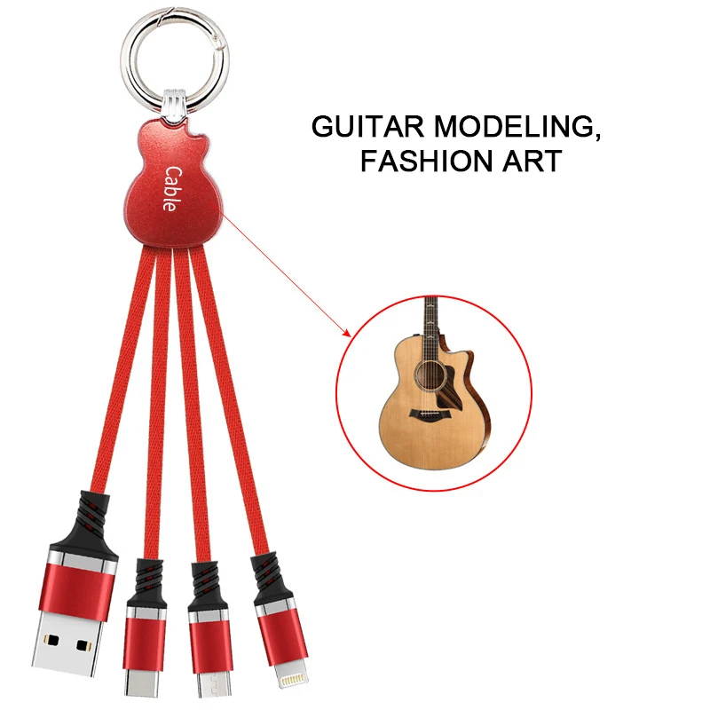 

Cute Guitar Multi 3 In 1 Usb Charging Cable Guitar Design Keychain Data Sync Line for Samsung Iphone Android