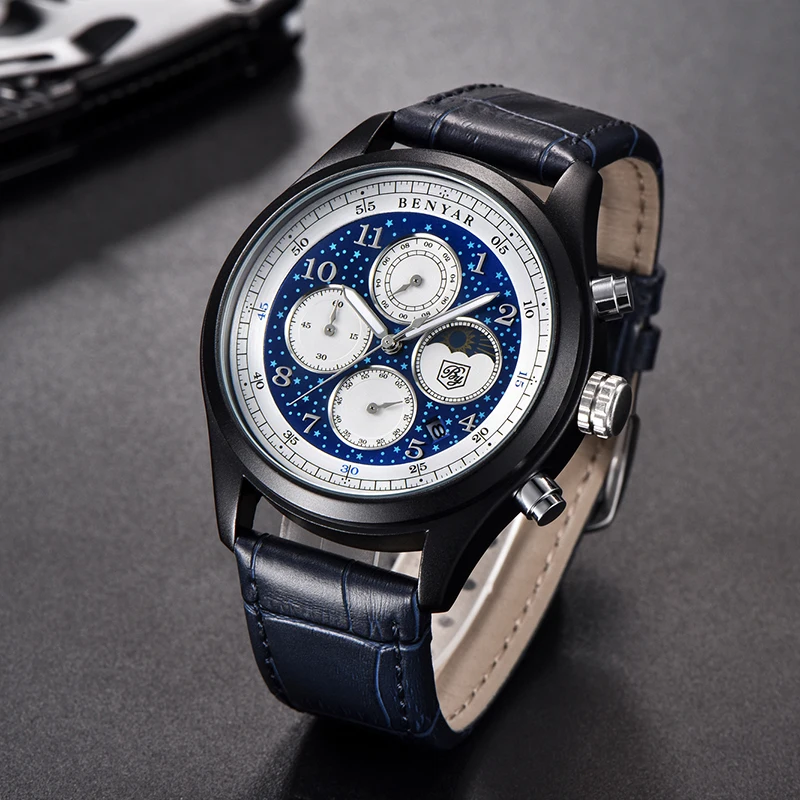 Men's Watches Benyar new quartz watch top luxury fashion wrist watch mens waterproof leather clock sport watch Relogio Masculino