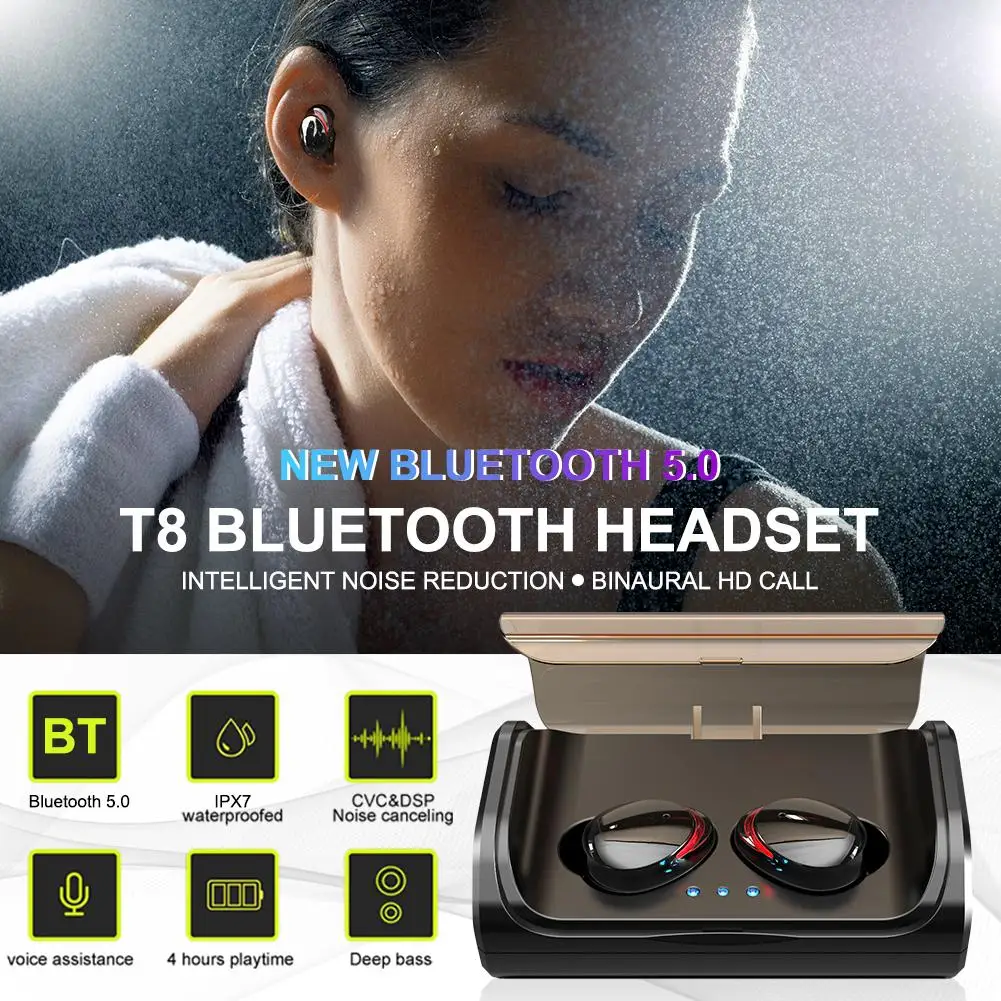 T8 Bluetooth гарнитура TWS Bluetooth 5,0 наушники IPX7 Водонепроницаемый Hi-Fi стерео Шум снижение спортивные наушники с зарядный чехол