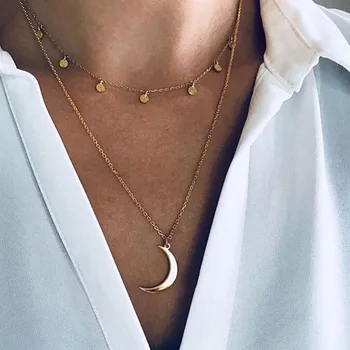 

Fashion New Products Simple Cool Moon Wafer Double Layer Choker Necklace Women