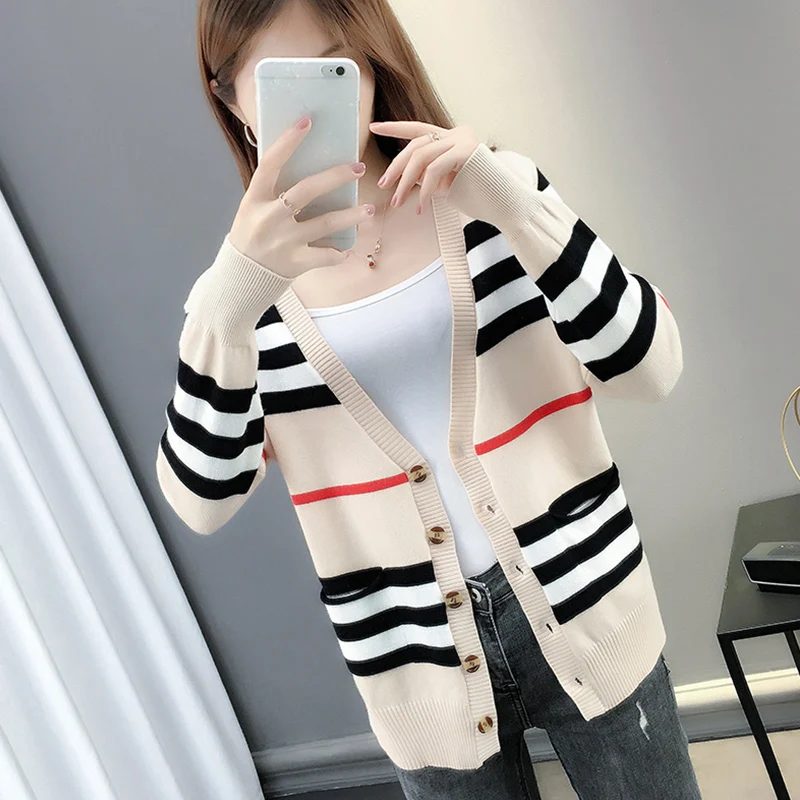 

Striped Knitted Cardigan Women Tops Sweaters 2020 Spring Blue Light Coffee Color Matching Jacket Loose Thin Single Breasted