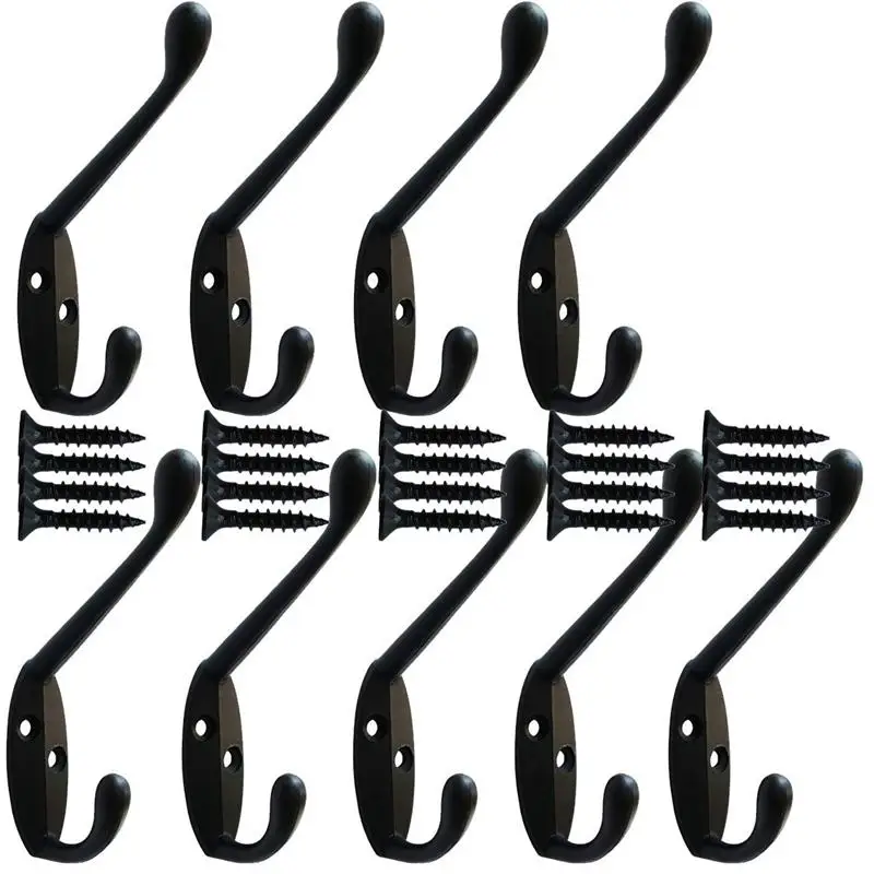 

Big deal 9 Pack heavy duty Coat Hooks Wall Mounted for Hat hardware Dual Prong Retro Coat Hanger with 20 Screws Black Color