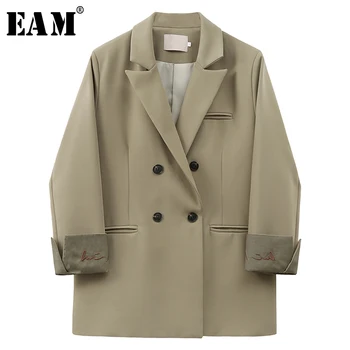 

[EAM] Women Khakid Double Breasted Leisure Blazer New Lapel Long Sleeve Loose Fit Jacket Fashion Tide Spring Autumn 2020 1X173
