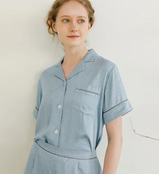 

Blue Color 2 PCS Pajamas Set for Women Clothes with Dots Printing Short Sleeve Cardigan Shirt Long Trousers Home Pijamas Mujer