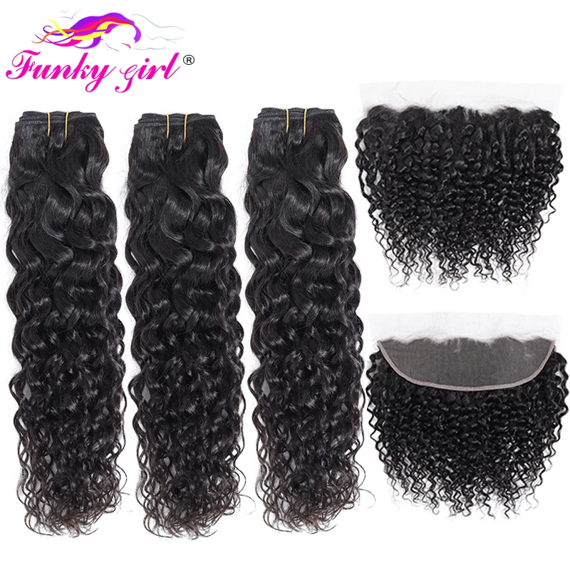 

Funky Girl Brazilian Water Wave Human Hair 2/3/4 Bundles With Lace Frontal Closure With Bundles Ear To Ear Lace Frontal Non-Remy