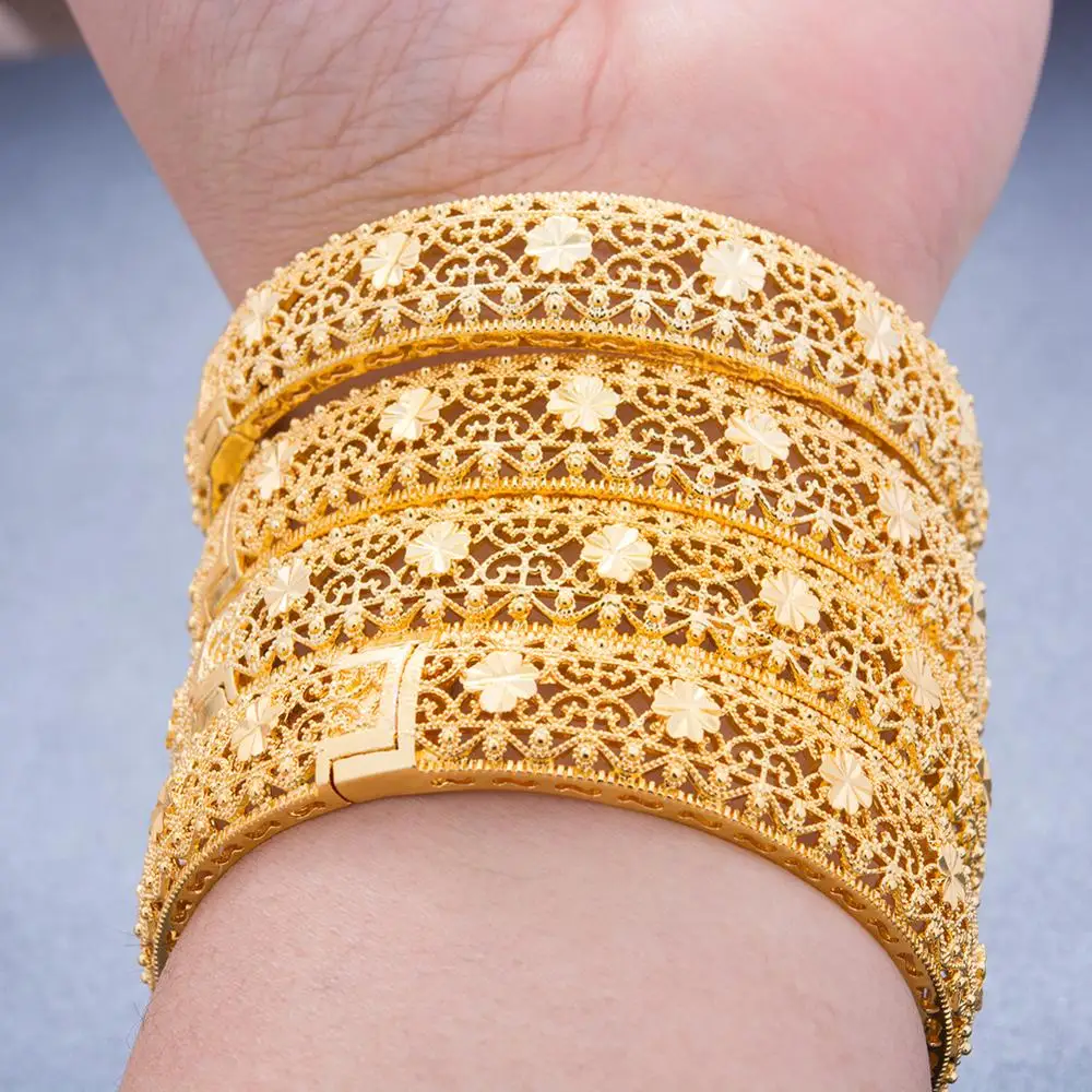 

New 24K 4Pcs/lot Flower Gold Color Bangles For Women Girls Ethiopian African Dubai Bangles Bracelet Party wedding Jewelry Gifts