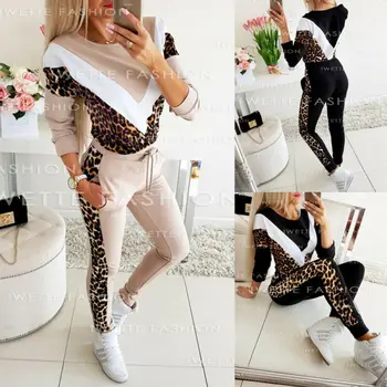 

Womens Sport Two-piece Set Casual Long Sleeve Pullover Sweatshirt Leopard Print Set 2Pcs Tracksuit Sweat Suit Slim Long Pants