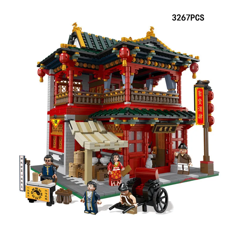 Горячий город улица вид chinatown китайский отель juxian винный дом moc строительный блок фигуры кирпичные игрушки коллекция нанокирпичи подарки