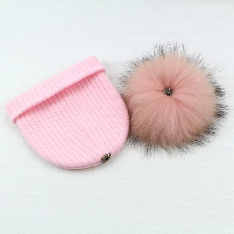 Cheap Sunlikeyou Newborn Knitted Hats Boys Girls Real Raccoon Fur Pom Pom Warm Baby Beanie Bonnet Soft Cap Kids Toddler Hat