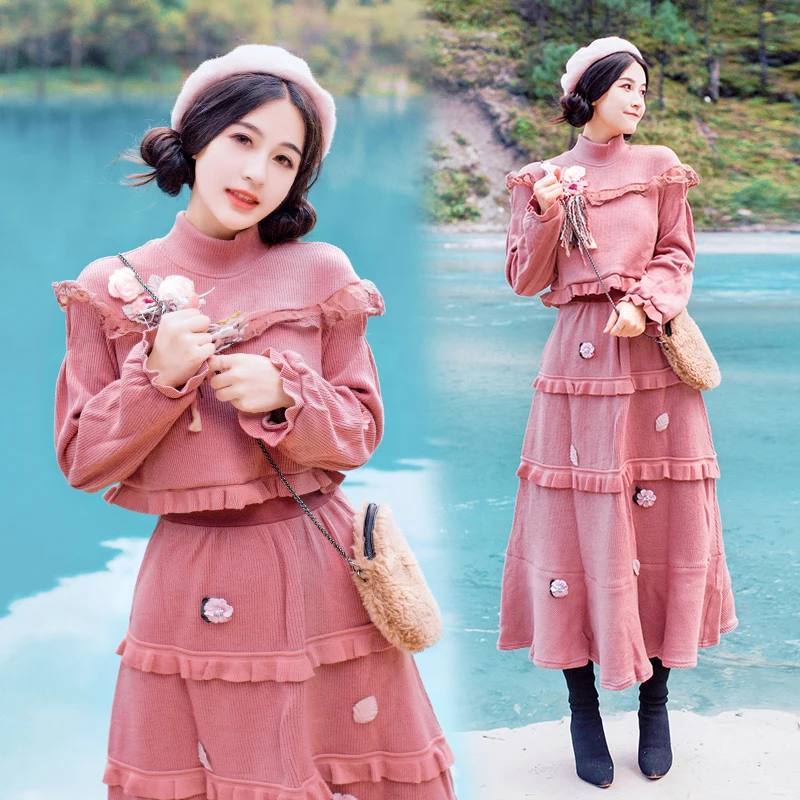 new fashion women's clothing Two-piece knit pullover+ knit skirt set 2 piece set women