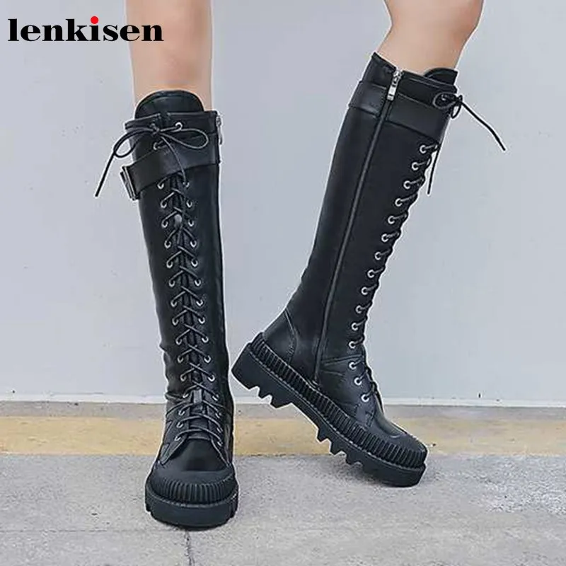 

Lenkisen unique handsome cow leather knight boots fashion lace up belt buckle round toe med heels keep warm thigh high boots L61