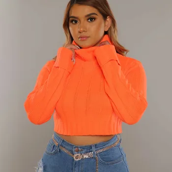 

hirigin Neon Orange Pink Turtleneck Crop Sweater Women 2020 Autumn Winter Clothes Sexy Knitted Pullover Tops