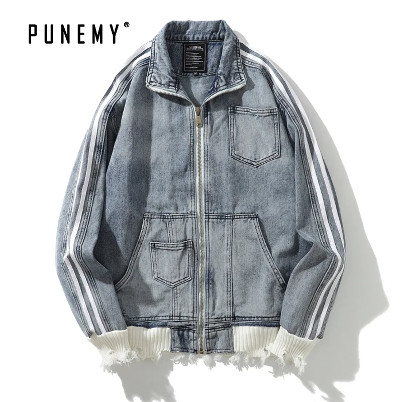 

Hip Hop Men Denim Jackets Frayed Side Striped Streetwear Retro Washed Zipper Oversize 2019 Autumn New Cotton Men's Denim Jackets