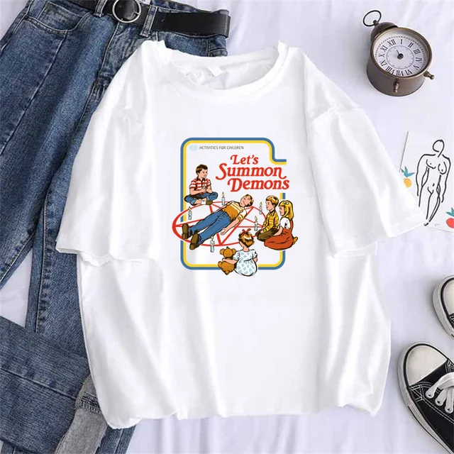 Let's Summon Demons Printing Women's Funny T Shirts 2021 Summer Round Neck Clothes Oversize Harajuku 90s Top Tee,Drop Ship T286A-White