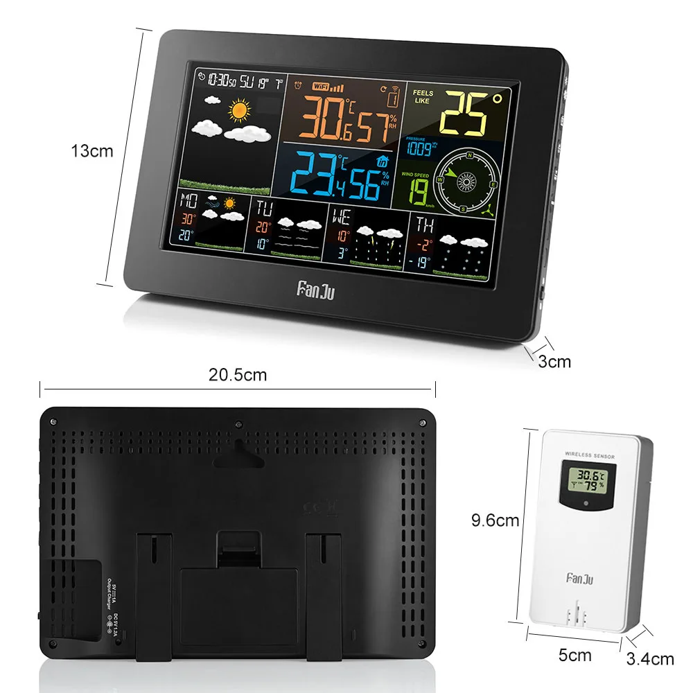 Цифровой будильник настенные часы метеорологическая станция, Wi-Fi, температура внутри и снаружи влажности Давление ветер прогноз погоды ЖК-дисплей
