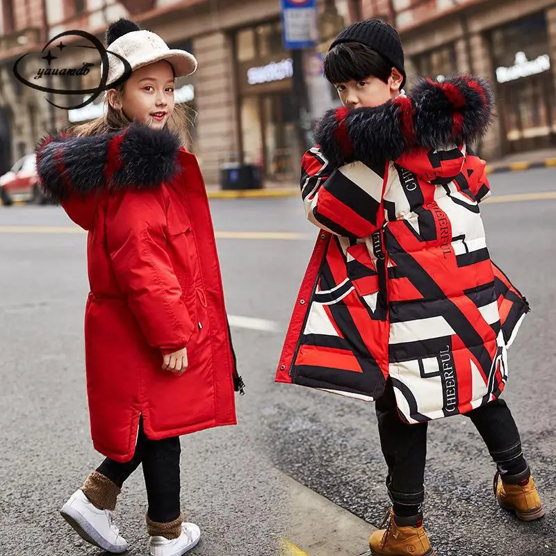kids down jacket winter Boys and girls coats clothing long style Wear both sides Real fur collar children outerwear clothes h171