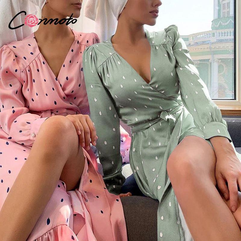 Женское винтажное платье в горошек Conmoto зеленое вечернее с длинным рукавом и