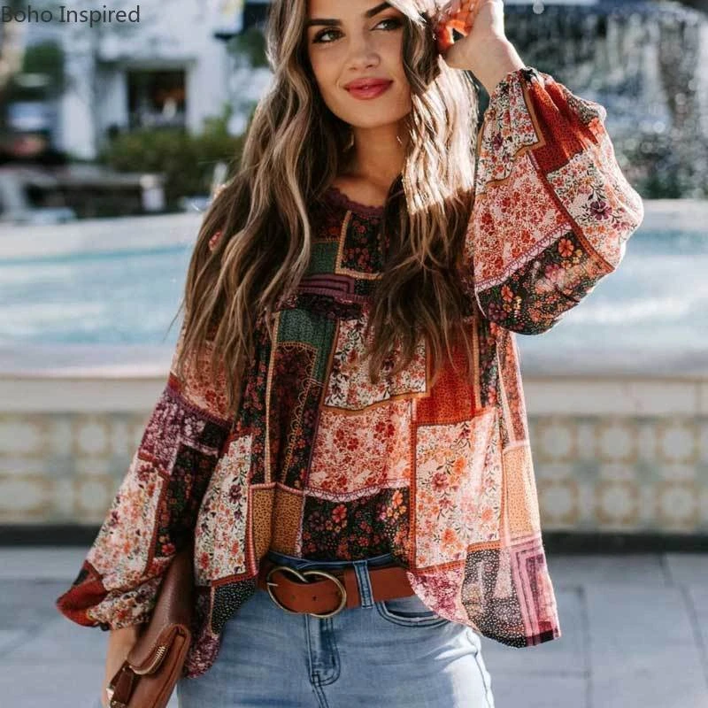 De inspiración Bohemia acolchado Floral patchwork Top blusas manga larga camisas Tops BOHO Impresión de talla grande y camisa blusa para las Blusas y camisas| - AliExpress