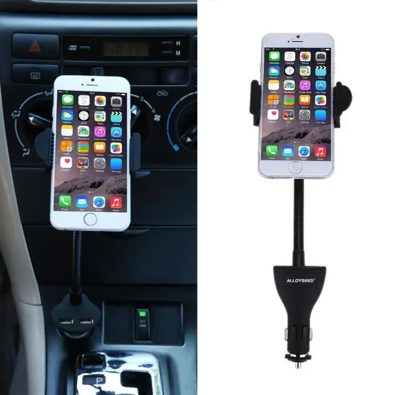 ALLOYSEED Автомобильный держатель для смартфона с двойным USB 2.1A зарядным устройством