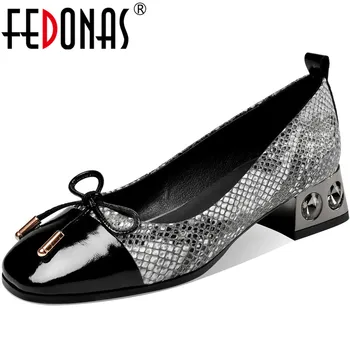 

FEDONAS Concise Butterfly Knot Women Pumps Square Heels Pumps Summer Genuine Leather Pumps Rhinestone Glitters Party Shoes Woman