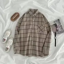 Vintage Plaid Oversized Button - Up Shirt - Women's Autumn Fashion Long Sleeve Top - L (Khaki)